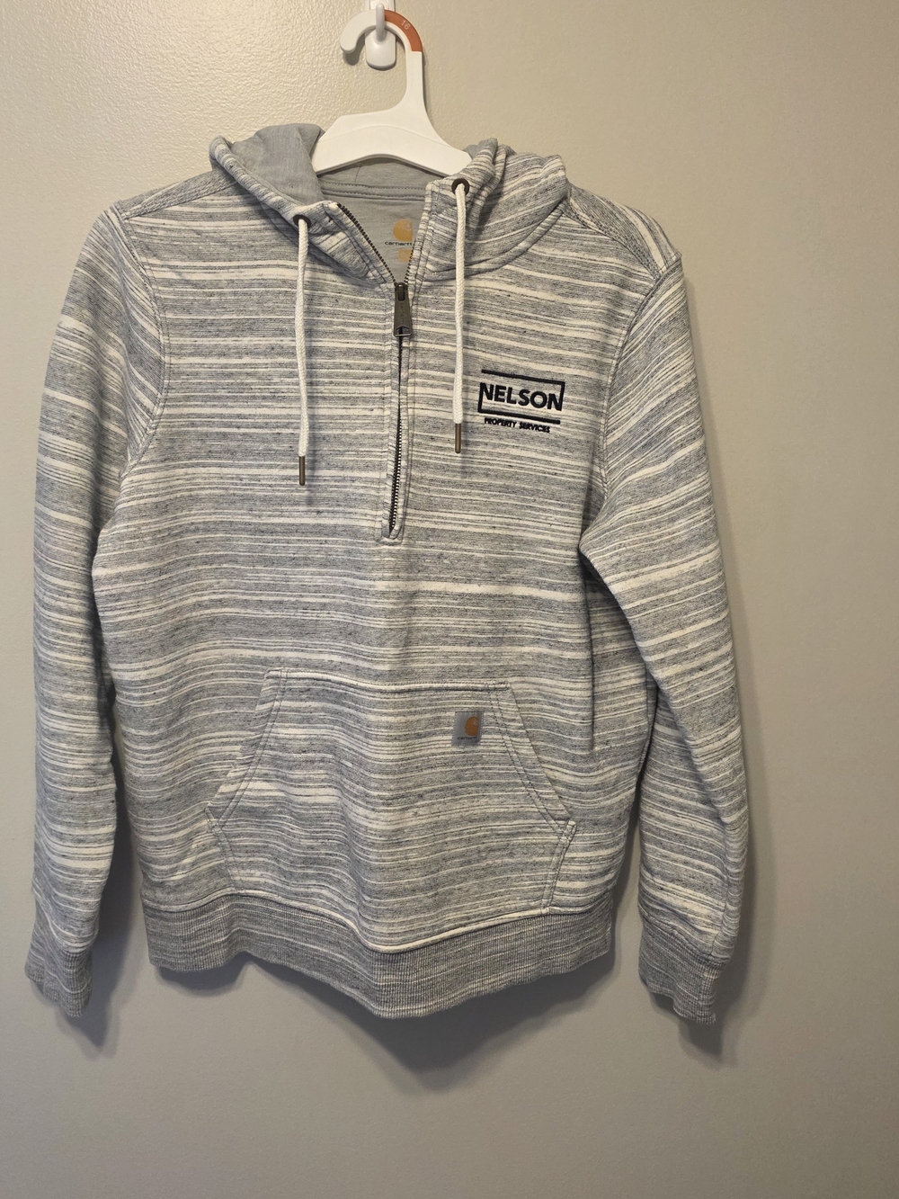 Carhartt Men's Light Gray Striped Quarter-Zip Hoodie Sweater